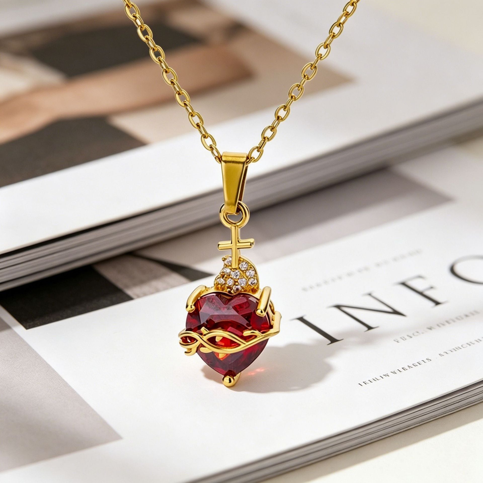 Heart Shape Pendant Necklace For Women In Copper With Zircon Inlay And Electroplated Gold Plating, Featuring A Cable Chain