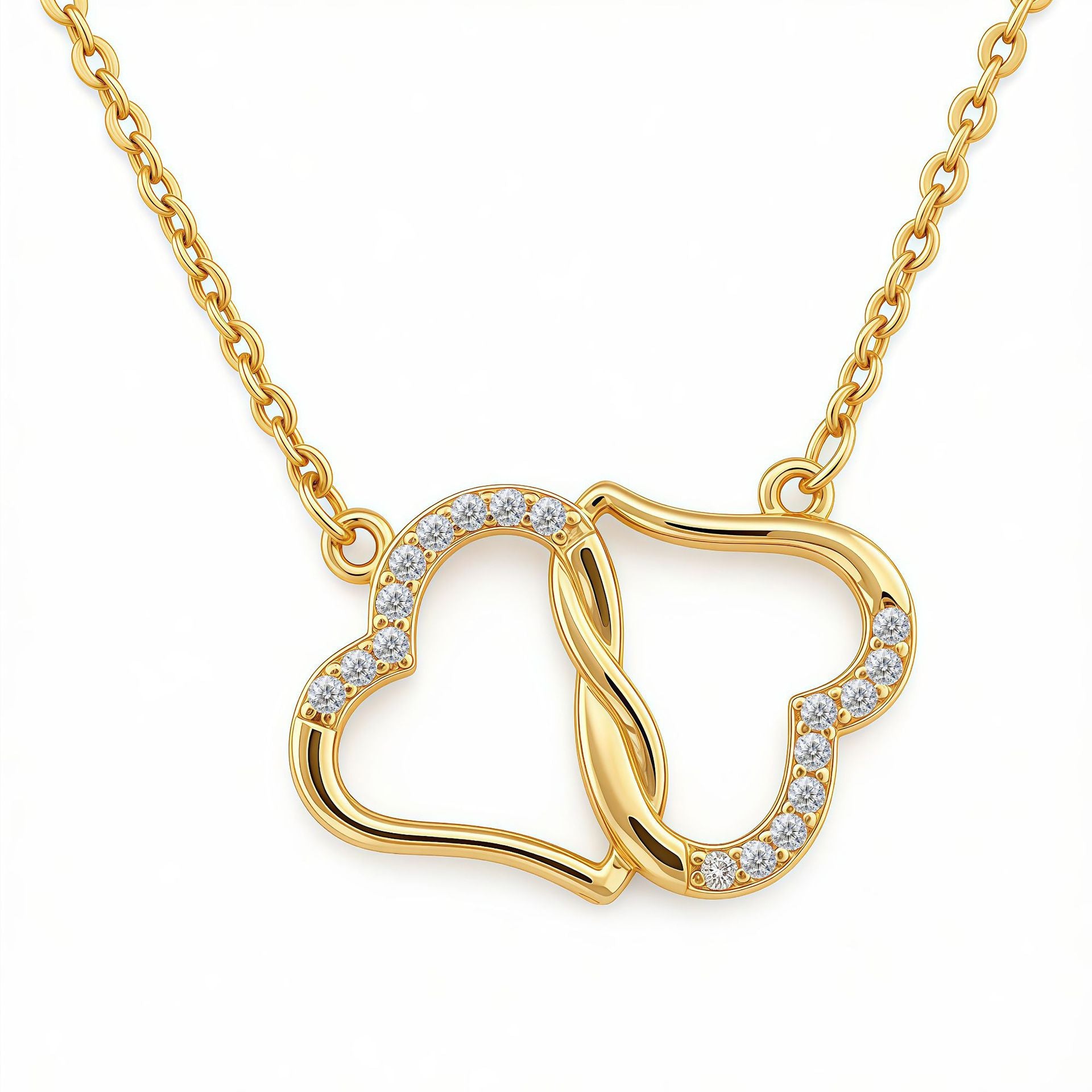 Heart Shape Gold Brass Necklace For Women In Simple Style With Zircon Inlay And Cable Chain