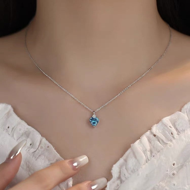 Sweet Heart Shape Necklace For Women With Copper Chain Featuring Blue Zircon Inlay