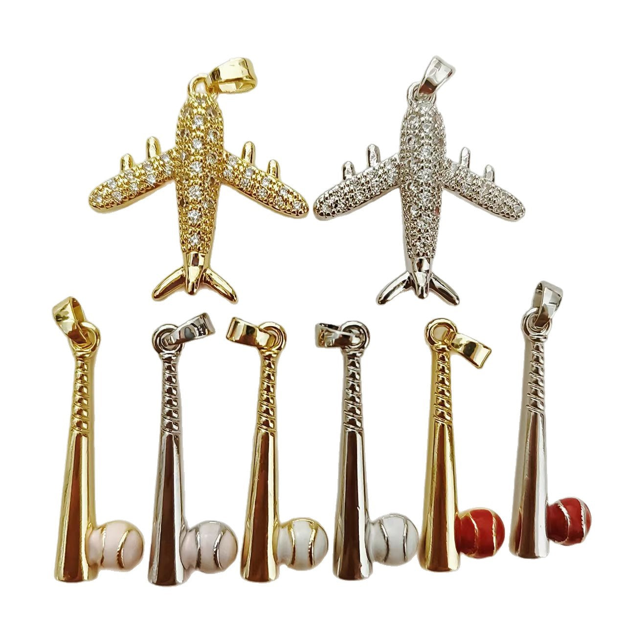 Airplane Pendant Made Of Brass With 18K Real Gold Plating Featuring Zircon Inlay