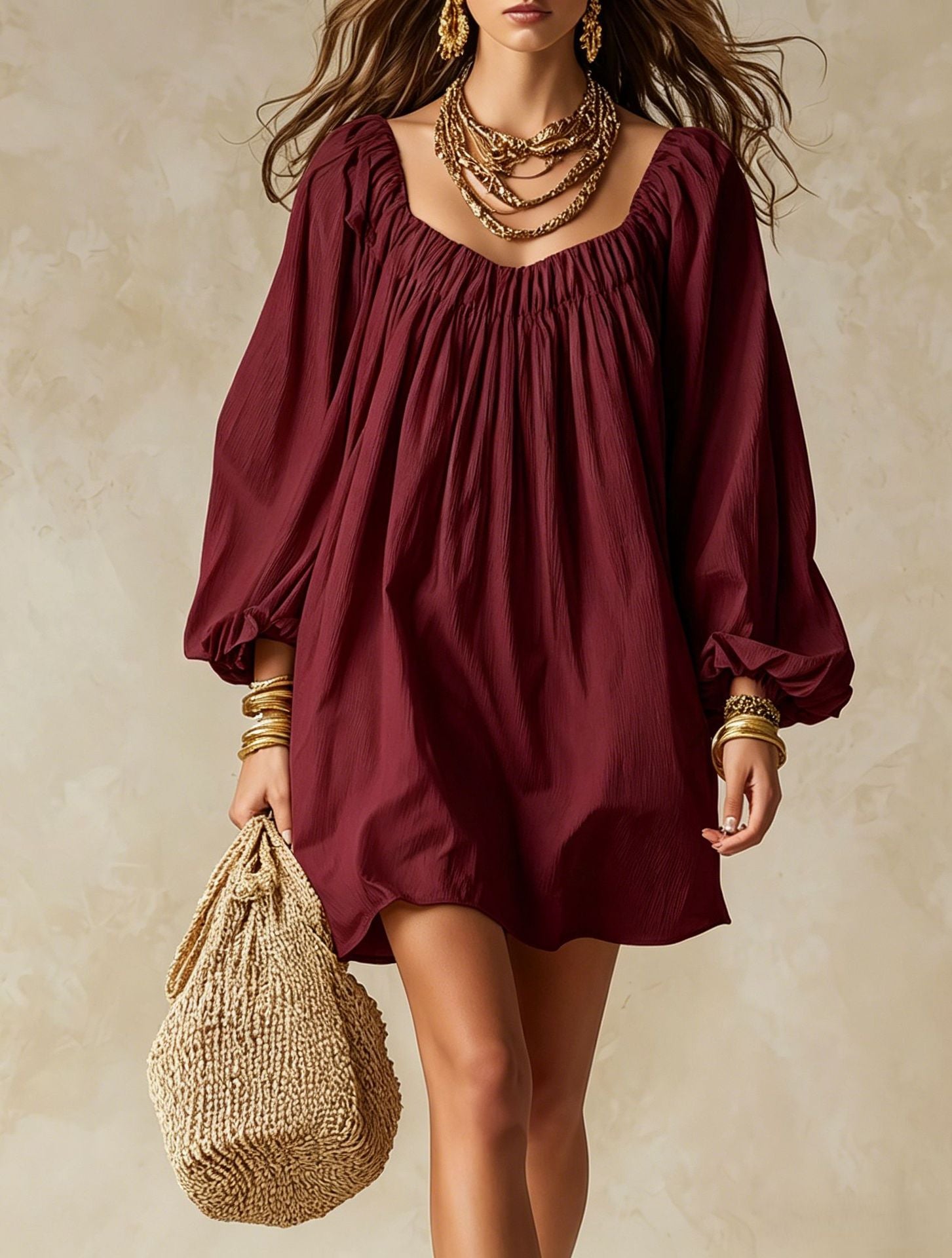 Bohemian Solid Color Boho Dress With Long Sleeve And Square Collar, Casual Style In Polyester Fabric