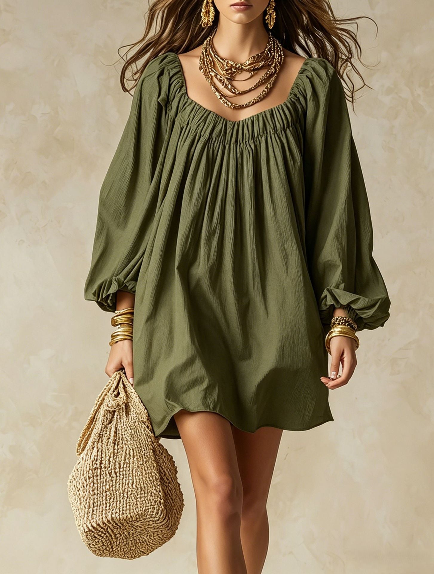 Bohemian Solid Color Boho Dress With Long Sleeve And Square Collar, Casual Style In Polyester Fabric