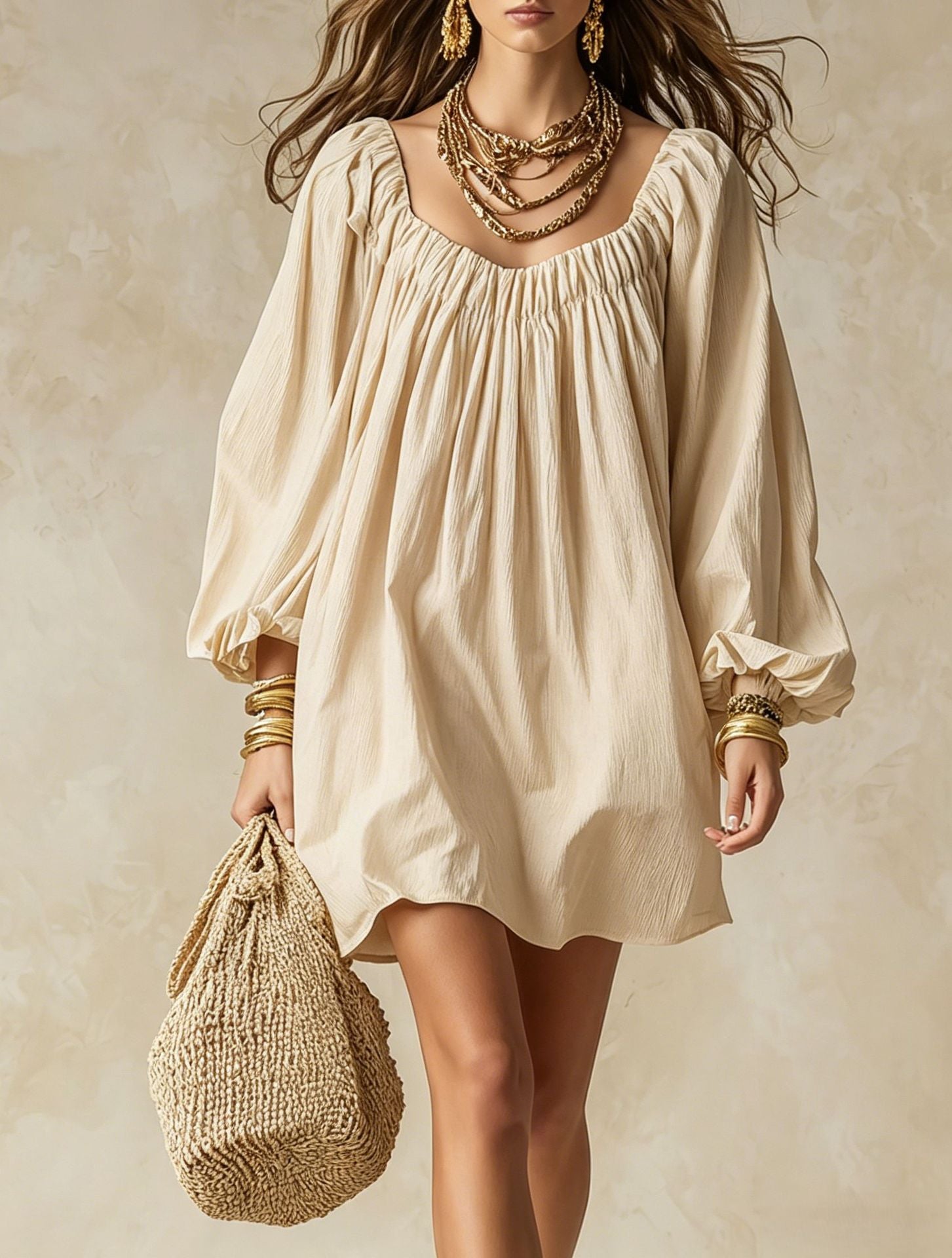 Bohemian Solid Color Boho Dress With Long Sleeve And Square Collar, Casual Style In Polyester Fabric