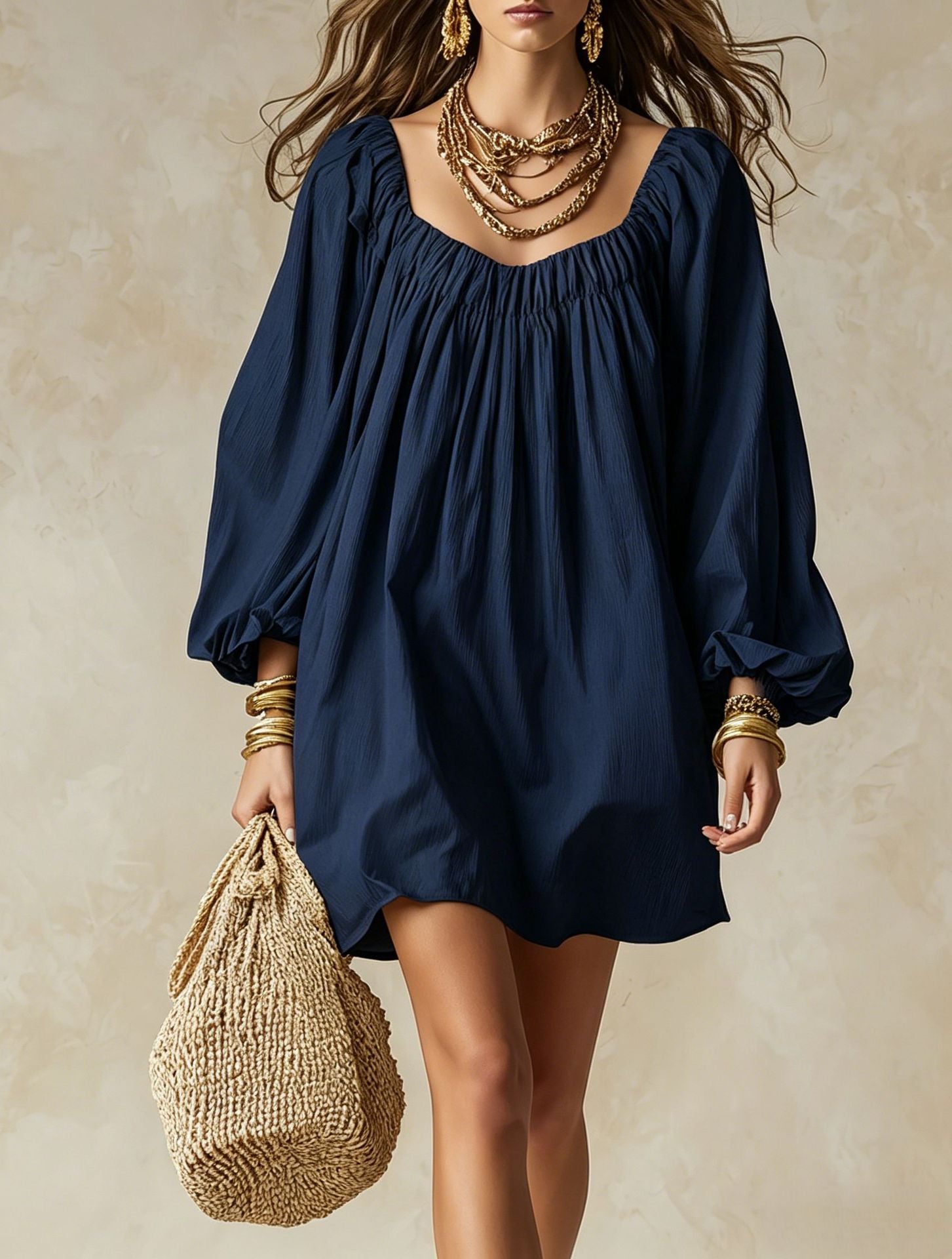 Bohemian Solid Color Boho Dress With Long Sleeve And Square Collar, Casual Style In Polyester Fabric