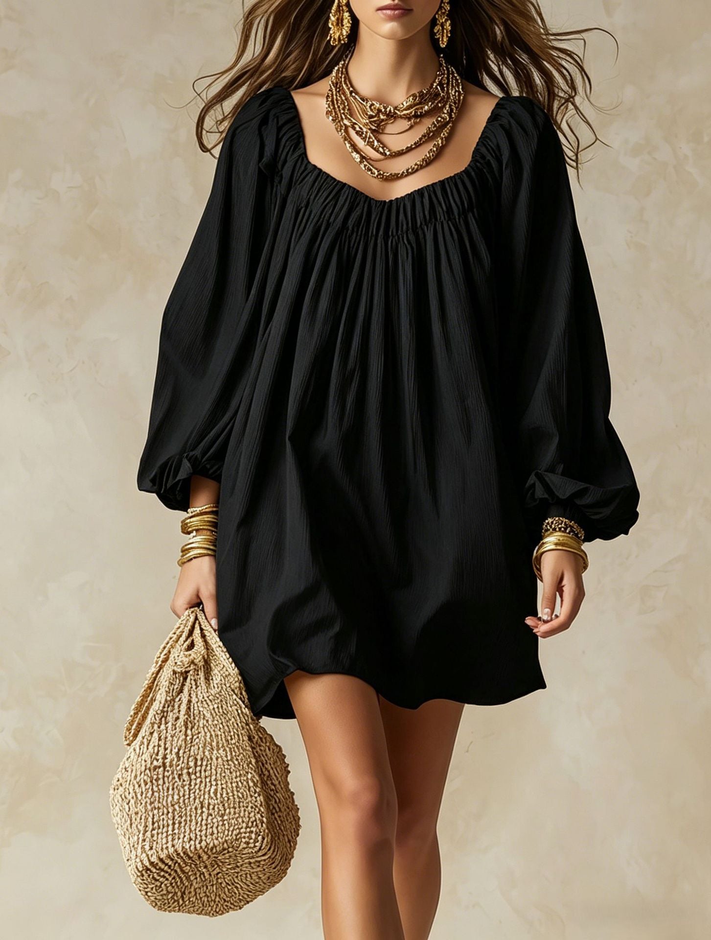 Bohemian Solid Color Boho Dress With Long Sleeve And Square Collar, Casual Style In Polyester Fabric