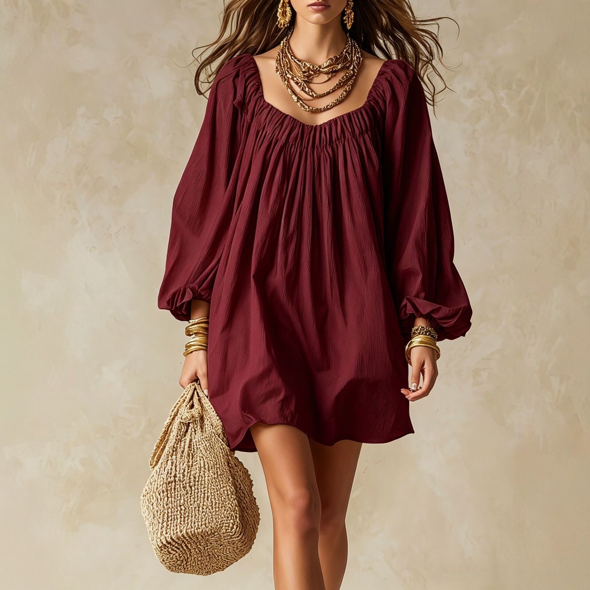 Bohemian Solid Color Boho Dress With Long Sleeve And Square Collar, Casual Style In Polyester Fabric