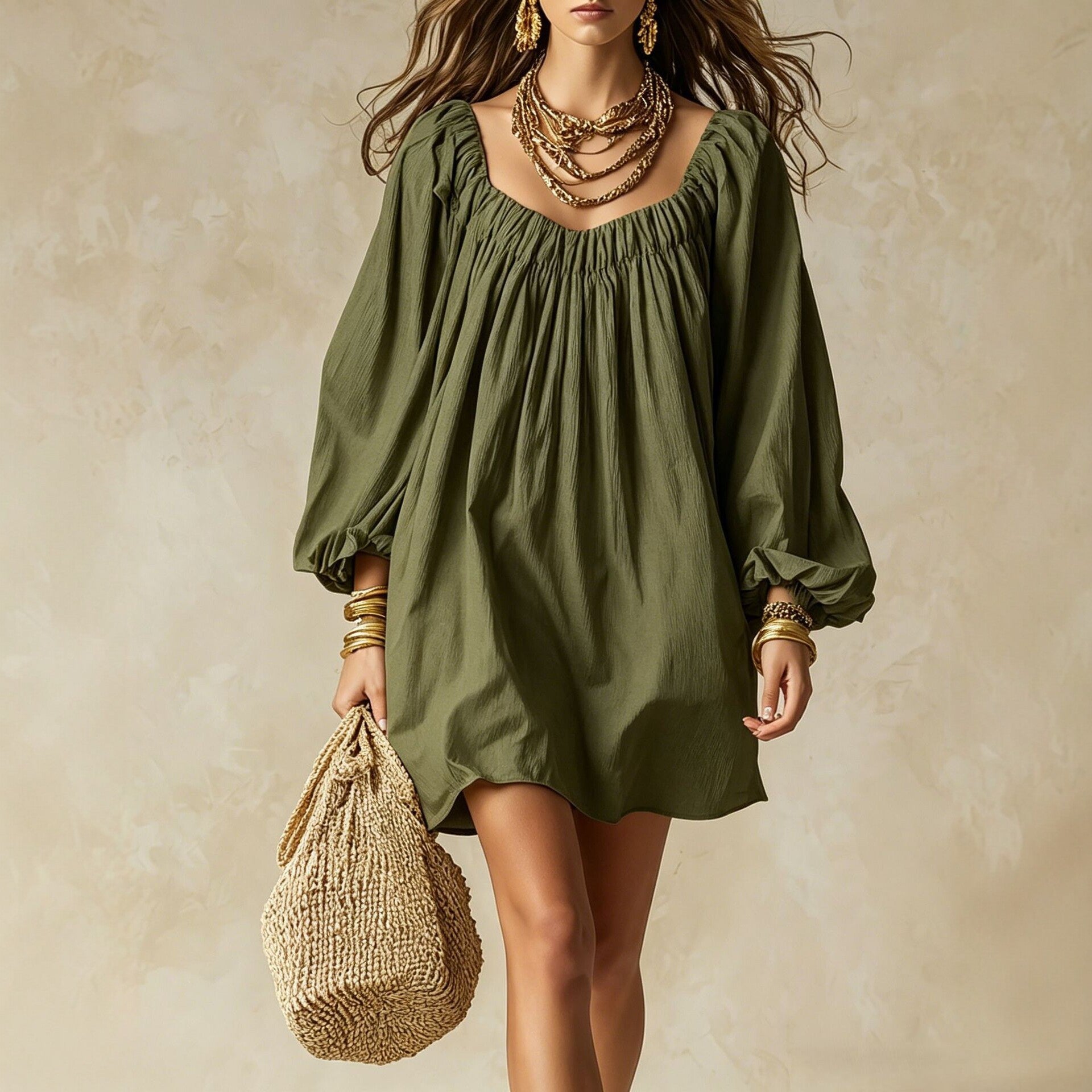 Bohemian Solid Color Boho Dress With Long Sleeve And Square Collar, Casual Style In Polyester Fabric