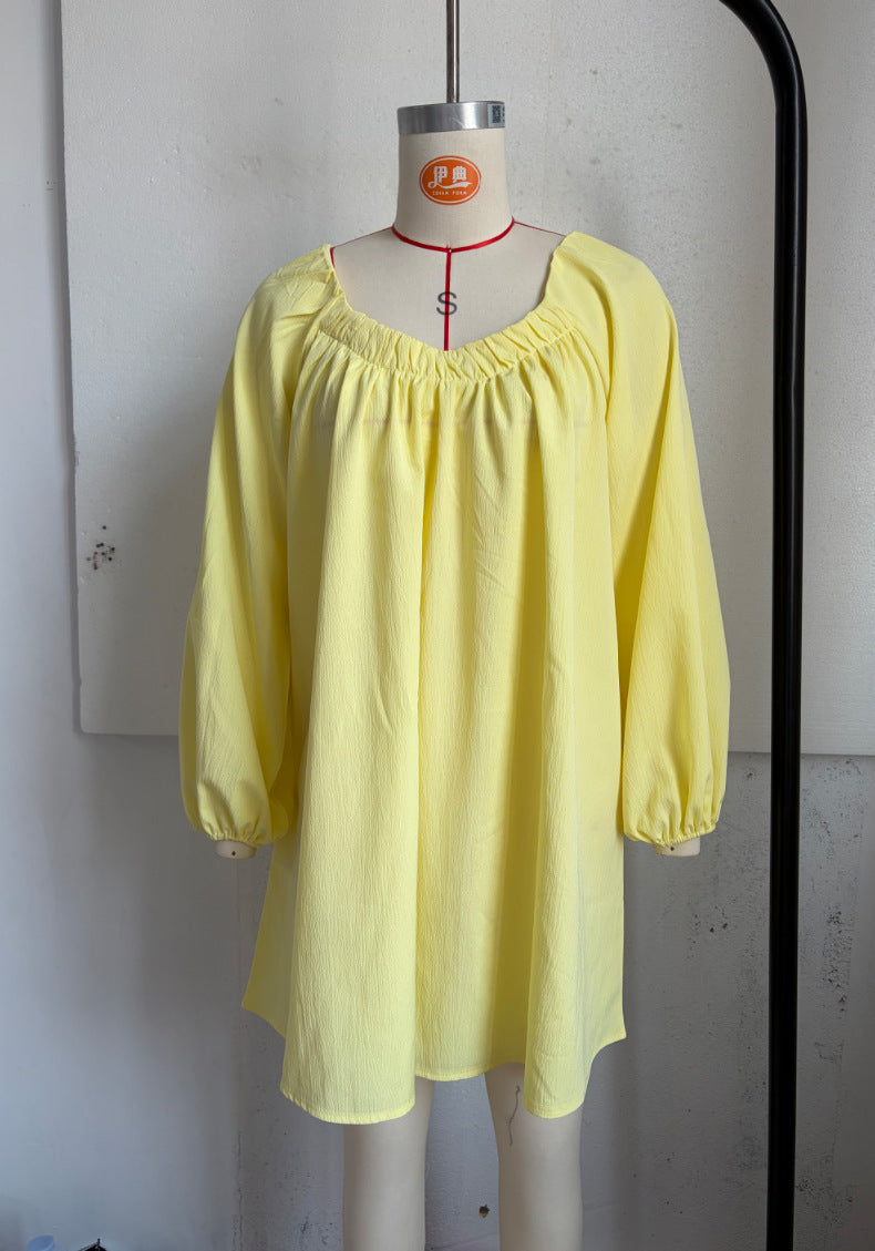 Bohemian Solid Color Boho Dress With Long Sleeve And Square Collar, Casual Style In Polyester Fabric