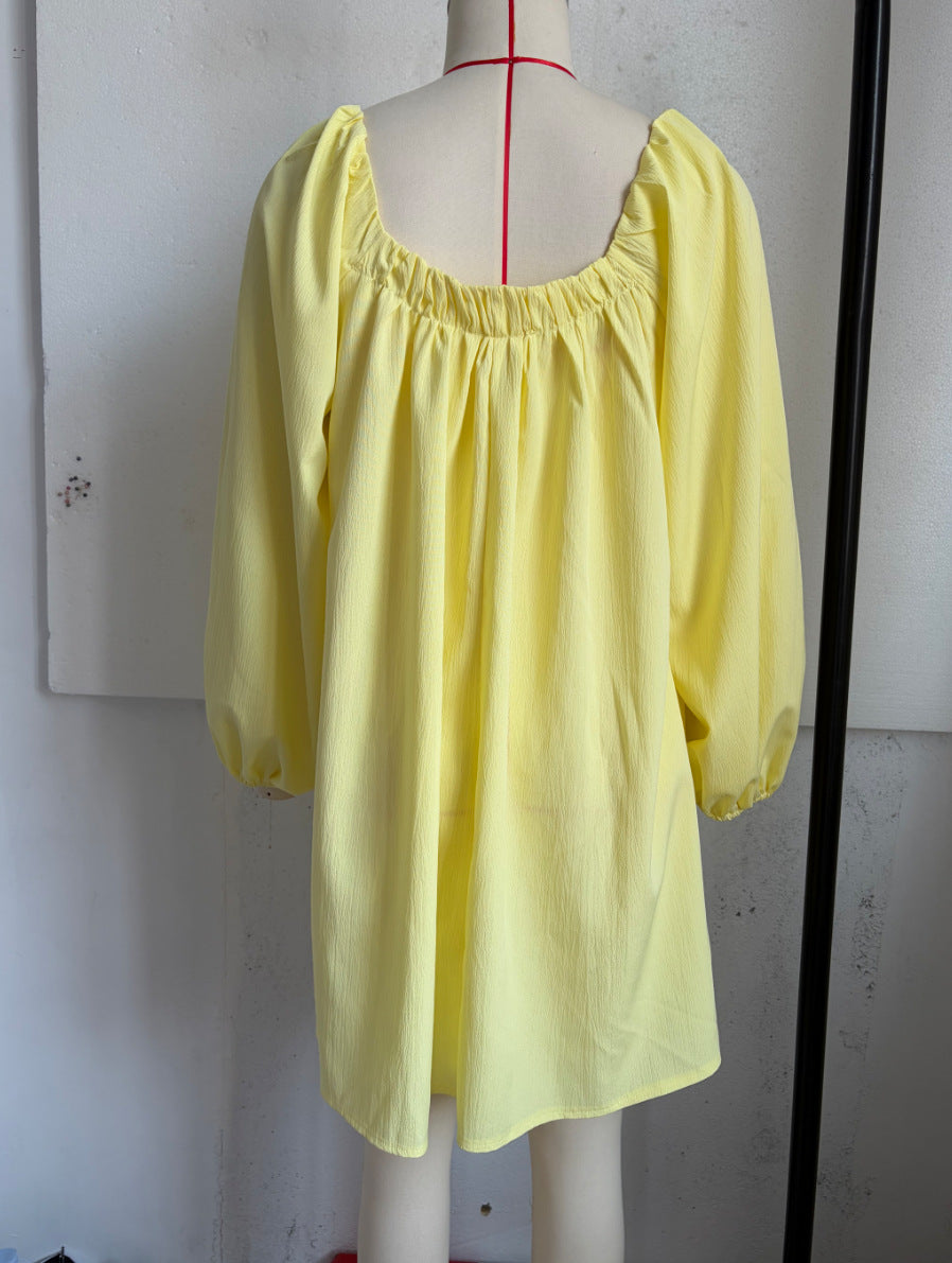 Bohemian Solid Color Boho Dress With Long Sleeve And Square Collar, Casual Style In Polyester Fabric