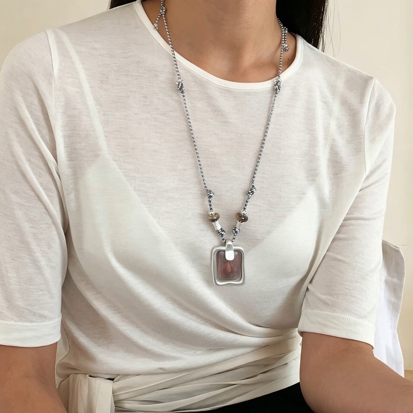 Geometric Wooden Pendant Featuring Vintage Style And Handmade Craftsmanship With Leather Rope Chain For Women