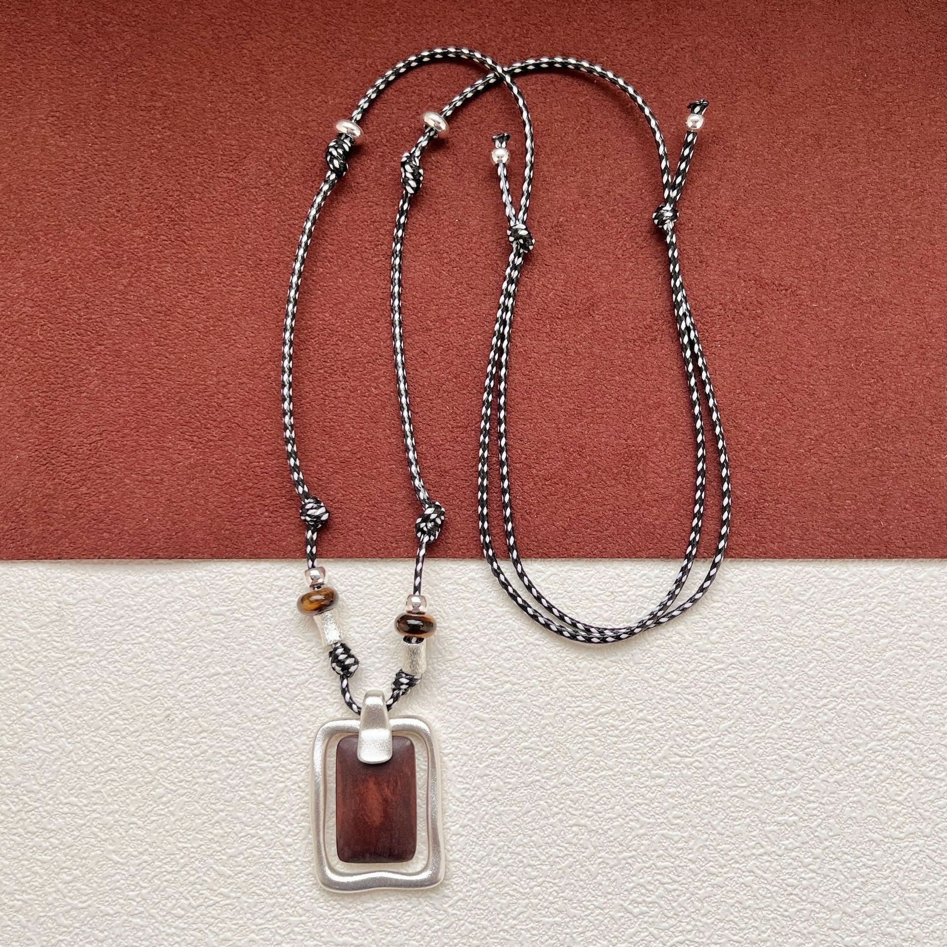 Geometric Wooden Pendant Featuring Vintage Style And Handmade Craftsmanship With Leather Rope Chain For Women
