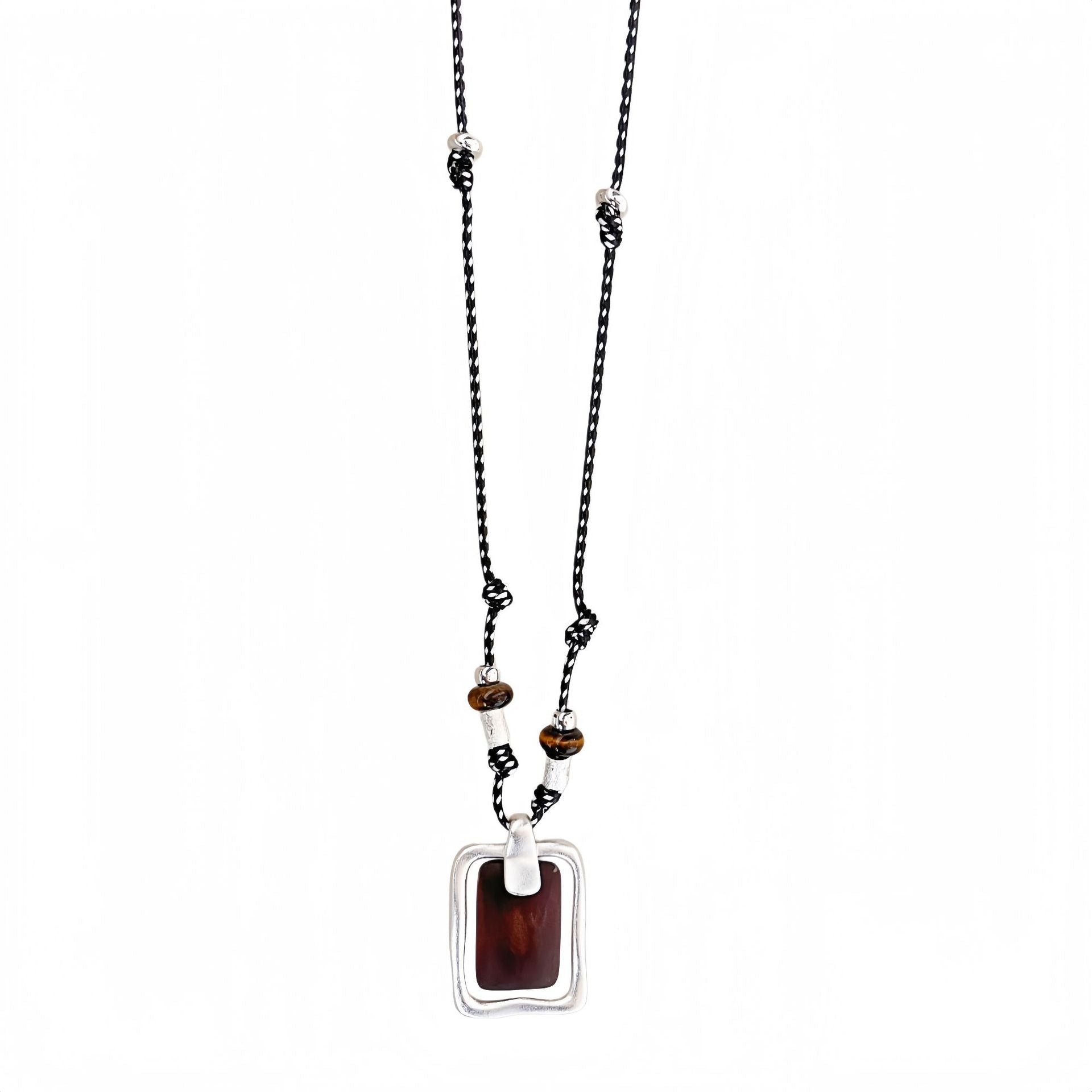 Geometric Wooden Pendant Featuring Vintage Style And Handmade Craftsmanship With Leather Rope Chain For Women