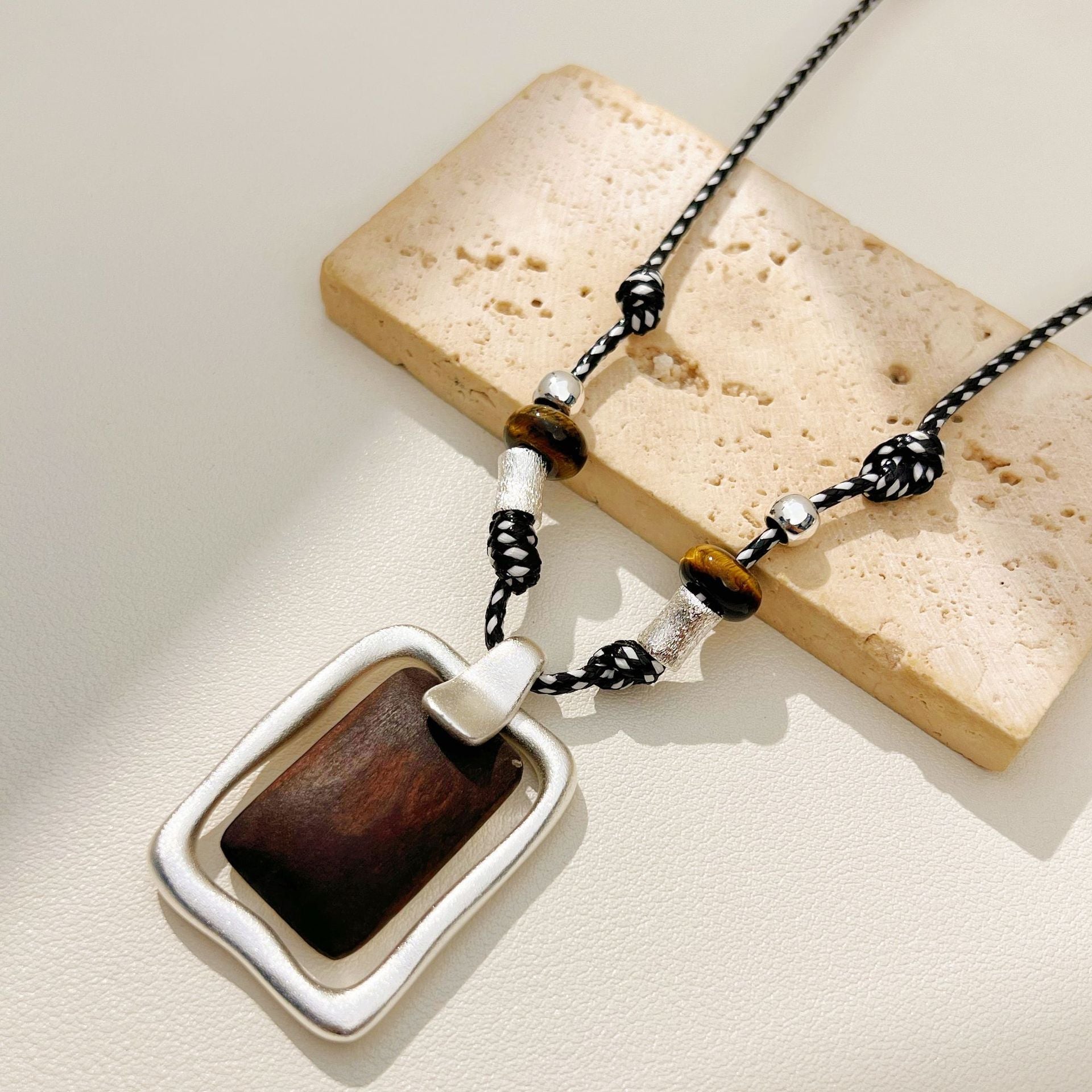 Geometric Wooden Pendant Featuring Vintage Style And Handmade Craftsmanship With Leather Rope Chain For Women