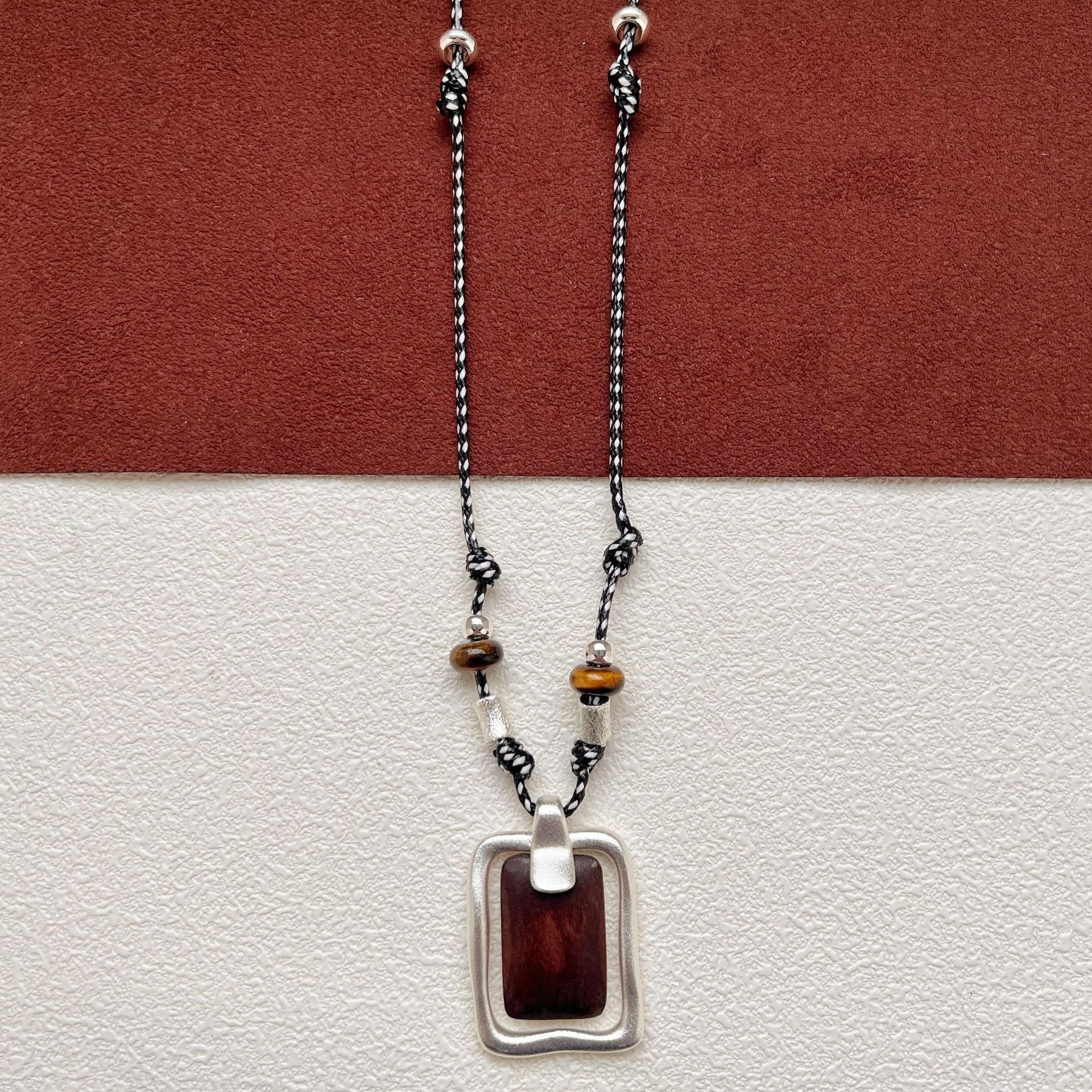 Geometric Wooden Pendant Featuring Vintage Style And Handmade Craftsmanship With Leather Rope Chain For Women
