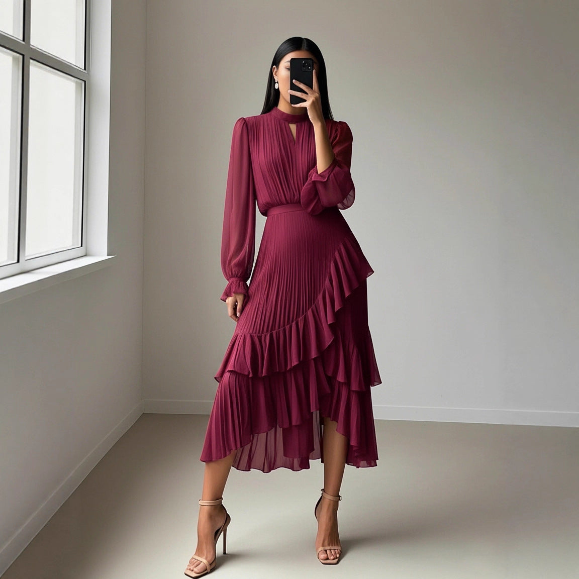 Elegant Solid Color Party Dress With Long Sleeve And Round Neck In Polyester For Casual Occasions