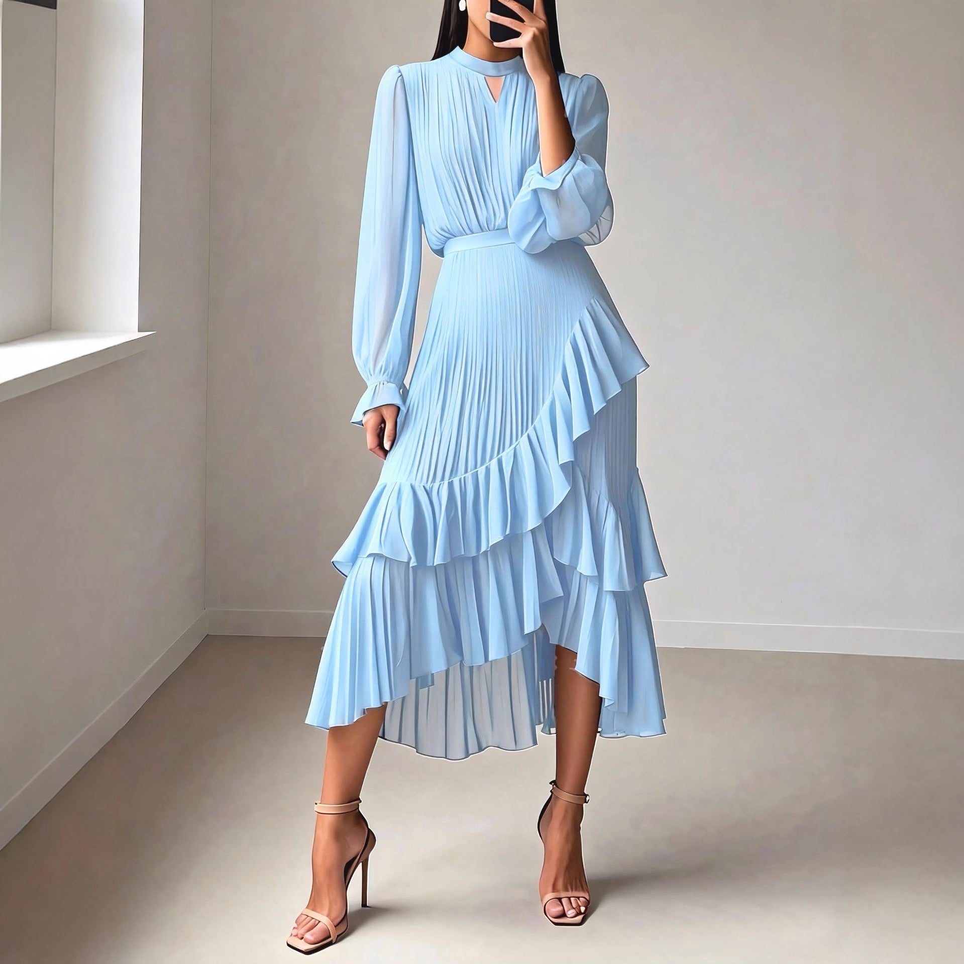 Elegant Solid Color Party Dress With Long Sleeve And Round Neck In Polyester For Casual Occasions