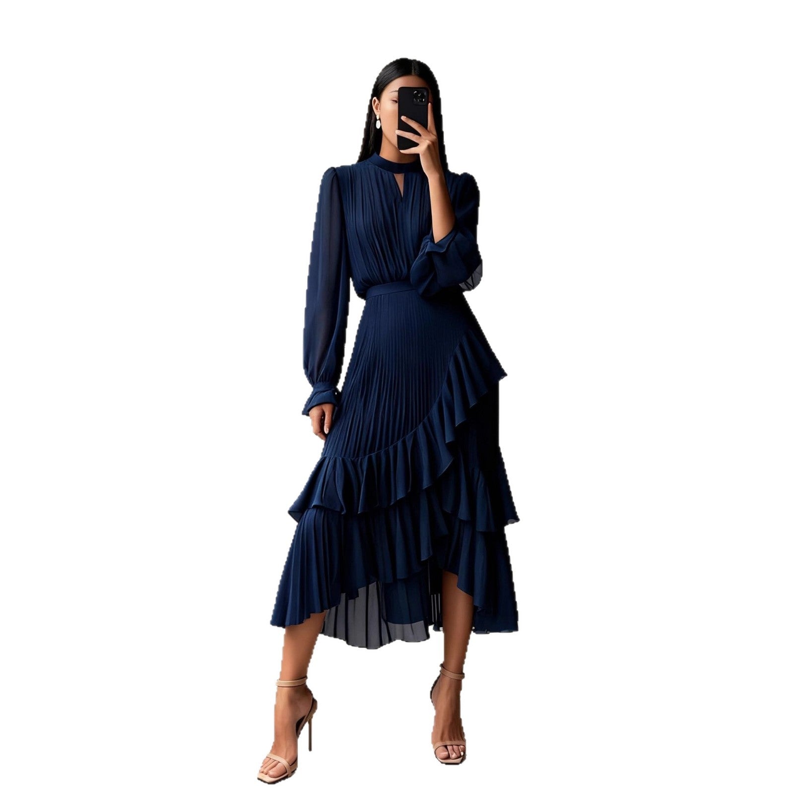 Elegant Solid Color Party Dress With Long Sleeve And Round Neck In Polyester For Casual Occasions