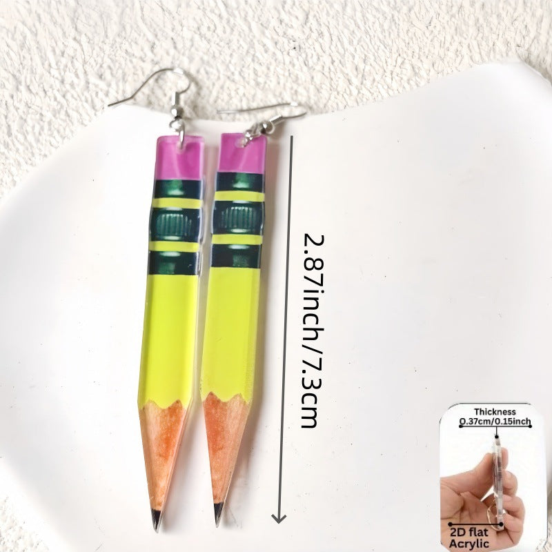 Cute Yellow Pencil Acrylic Earrings With Iron Ear Pins, Unisex Design