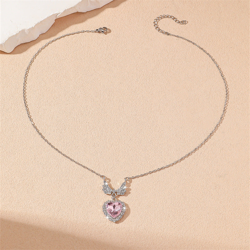 Heart Shape Natural Pink Ferroalloy Necklace With Rhinestones Pendant For Women