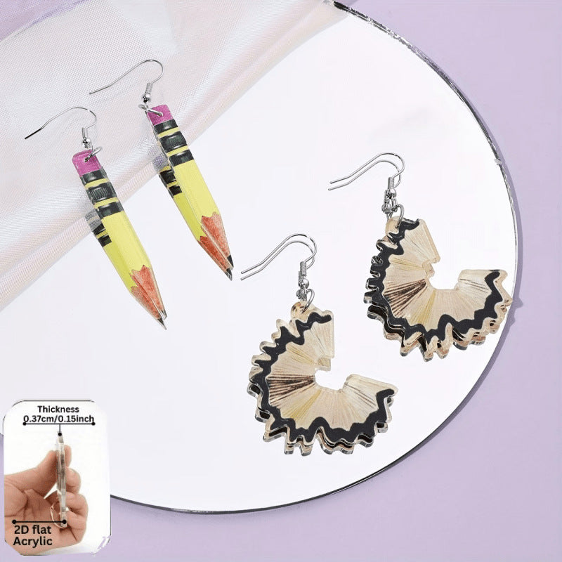 Cute Yellow Pencil Acrylic Earrings With Iron Ear Pins, Unisex Design