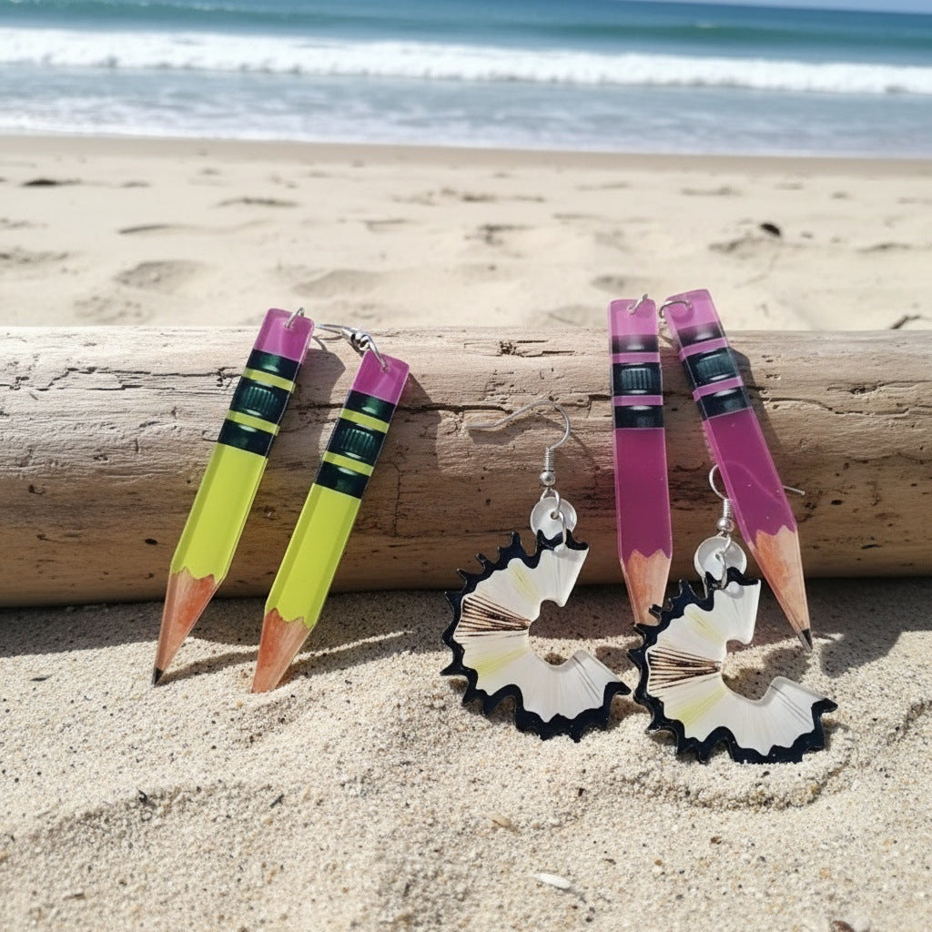 Cute Yellow Pencil Acrylic Earrings With Iron Ear Pins, Unisex Design