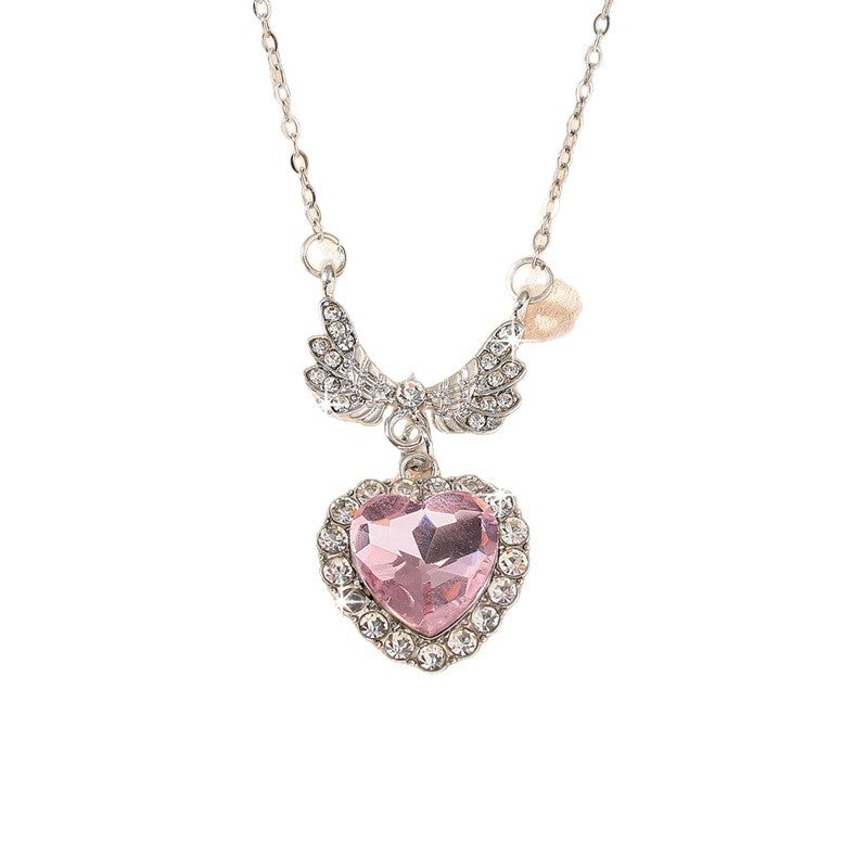 Heart Shape Natural Pink Ferroalloy Necklace With Rhinestones Pendant For Women
