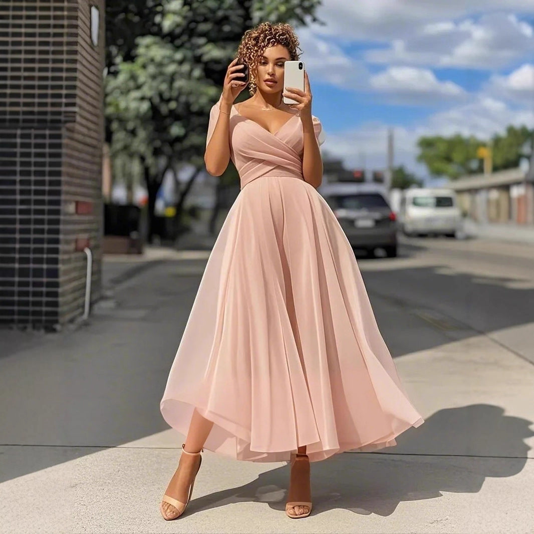 Elegant Solid Color Ball Gown Dress With Deep V Neckline And Short Sleeves, Made Of Polyester For Party