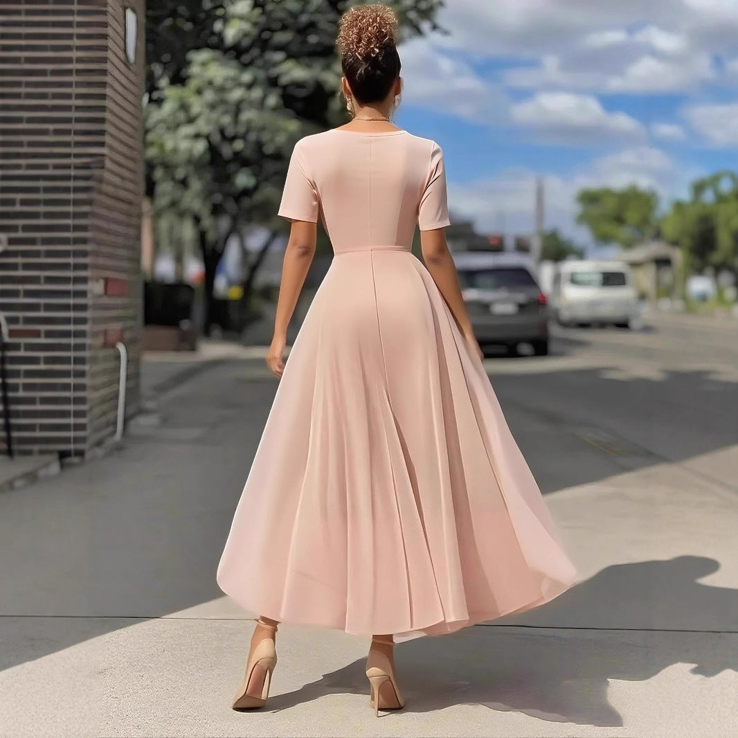 Elegant Solid Color Ball Gown Dress With Deep V Neckline And Short Sleeves, Made Of Polyester For Party