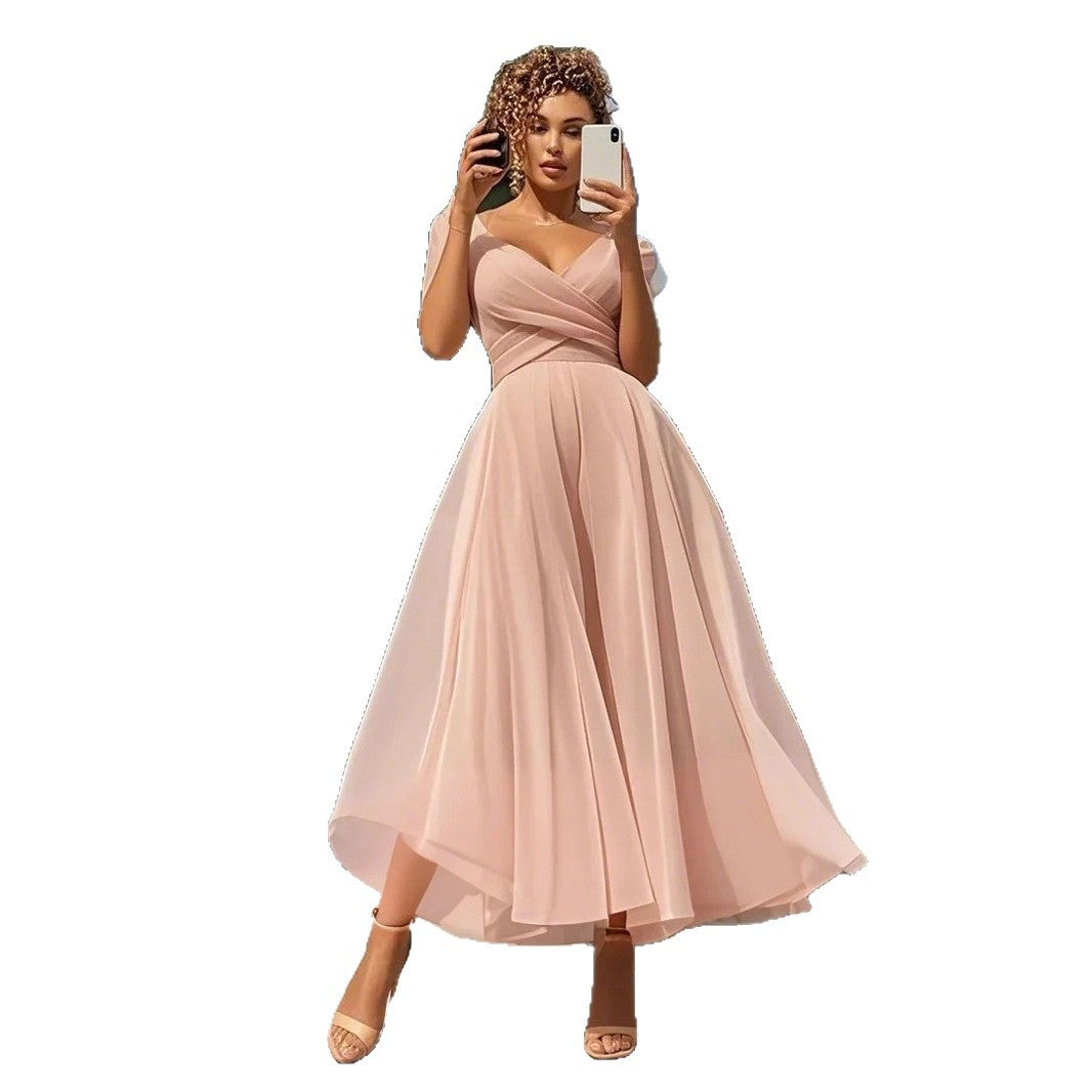 Elegant Solid Color Ball Gown Dress With Deep V Neckline And Short Sleeves, Made Of Polyester For Party