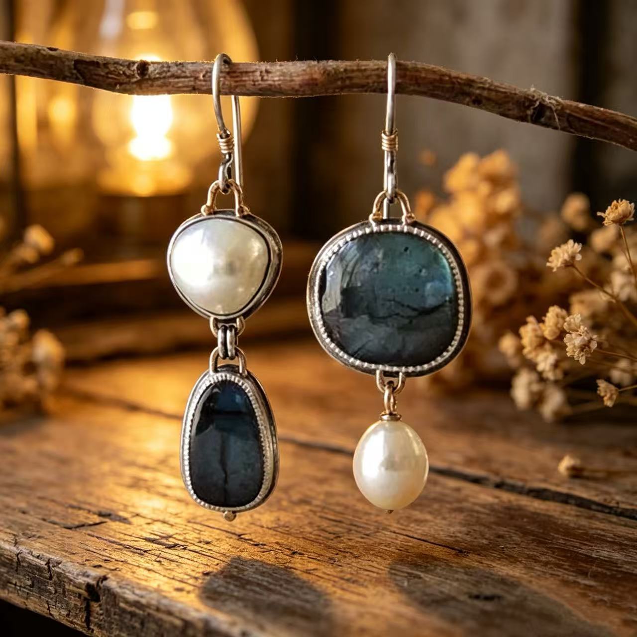 Asymmetrical Blue Freshwater Pearl Earrings For Women Featuring 925 Sterling Silver Ear Pins