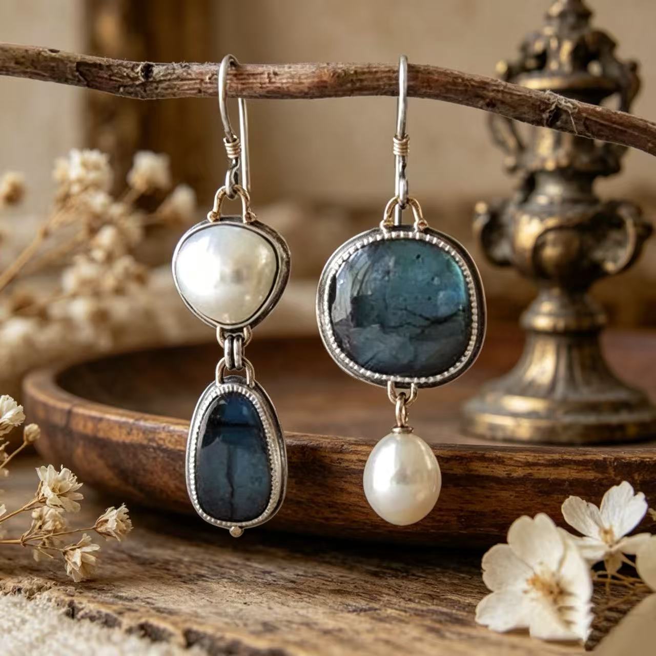 Asymmetrical Blue Freshwater Pearl Earrings For Women Featuring 925 Sterling Silver Ear Pins