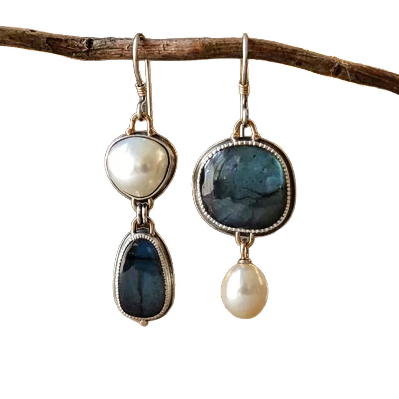 Asymmetrical Blue Freshwater Pearl Earrings For Women Featuring 925 Sterling Silver Ear Pins