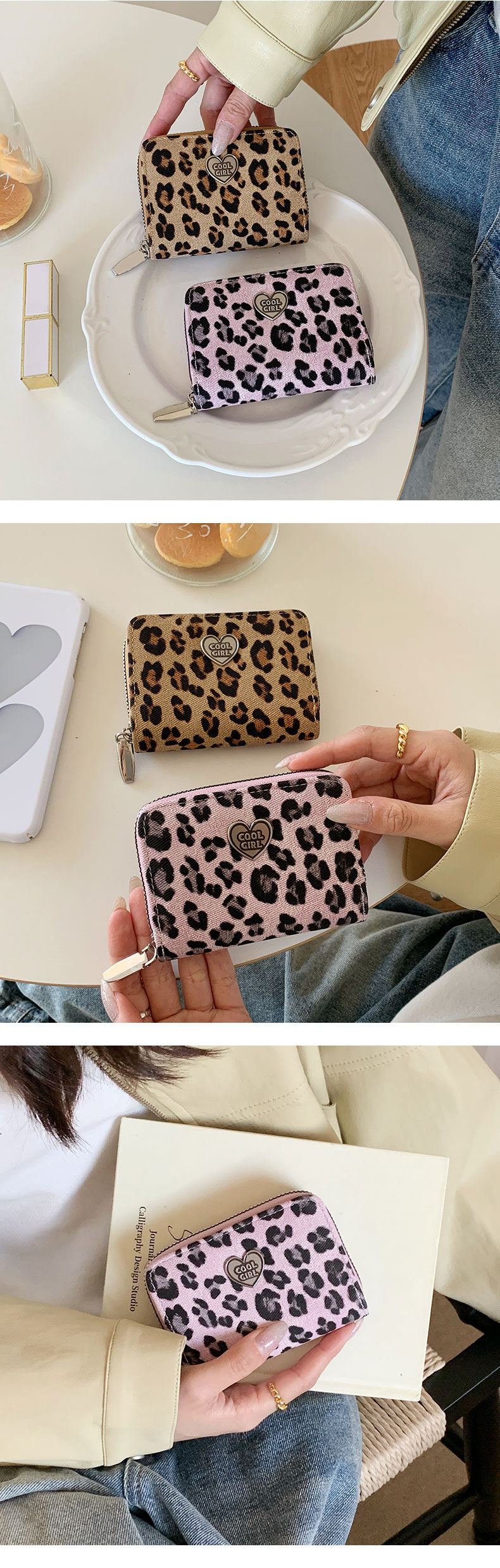 Leopard Print Women Card Holder With Metal Button, Lightweight PUR Wallet