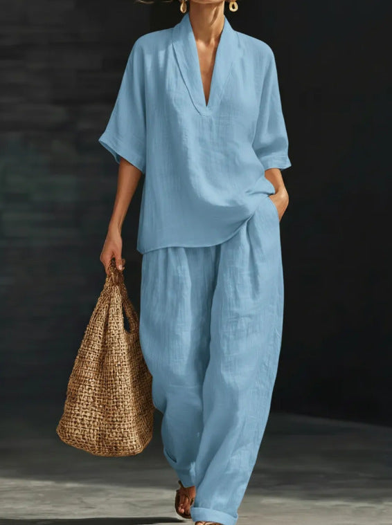Casual Solid Color Wide Leg Pants Pant Co-ord Set In Polyester With V Neck, 2 Pieces Set