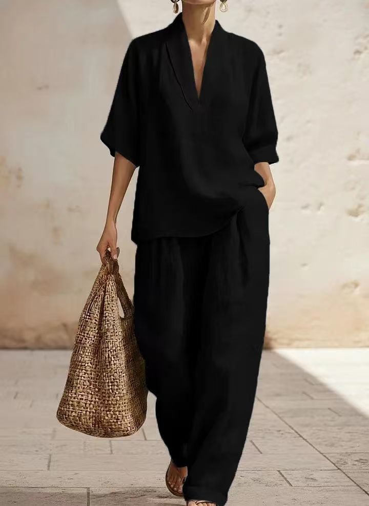 Casual Solid Color Wide Leg Pants Pant Co-ord Set In Polyester With V Neck, 2 Pieces Set
