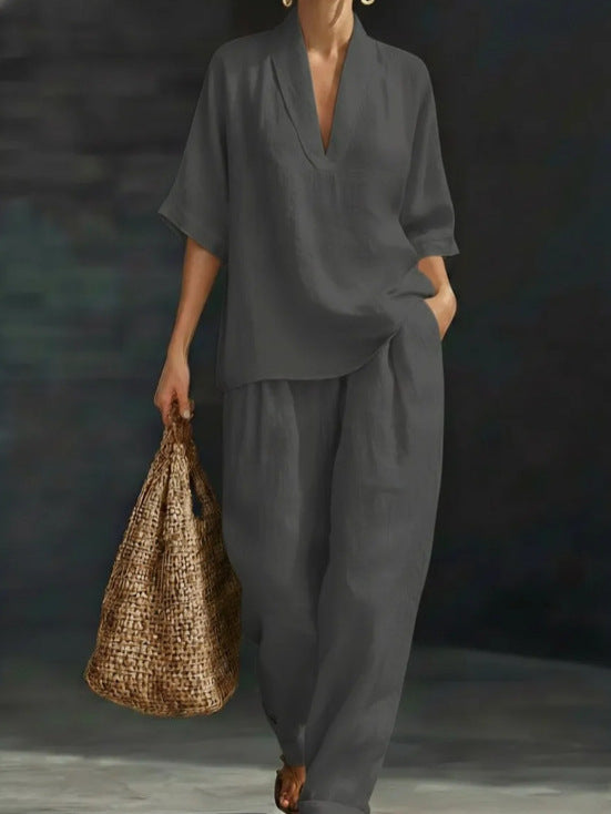 Casual Solid Color Wide Leg Pants Pant Co-ord Set In Polyester With V Neck, 2 Pieces Set