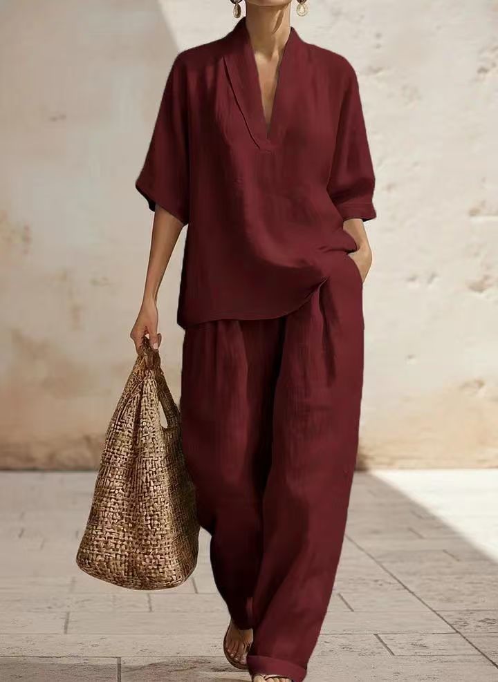 Casual Solid Color Wide Leg Pants Pant Co-ord Set In Polyester With V Neck, 2 Pieces Set