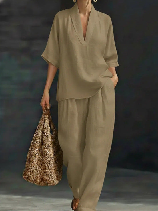 Casual Solid Color Wide Leg Pants Pant Co-ord Set In Polyester With V Neck, 2 Pieces Set