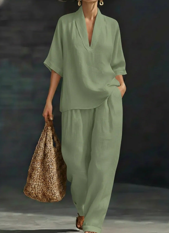 Casual Solid Color Wide Leg Pants Pant Co-ord Set In Polyester With V Neck, 2 Pieces Set