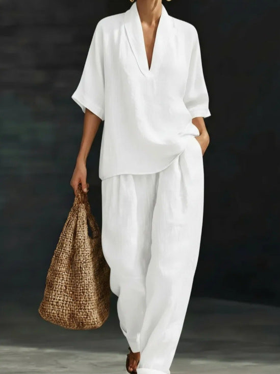 Casual Solid Color Wide Leg Pants Pant Co-ord Set In Polyester With V Neck, 2 Pieces Set