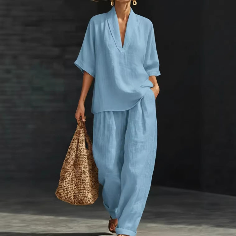 Casual Solid Color Wide Leg Pants Pant Co-ord Set In Polyester With V Neck, 2 Pieces Set
