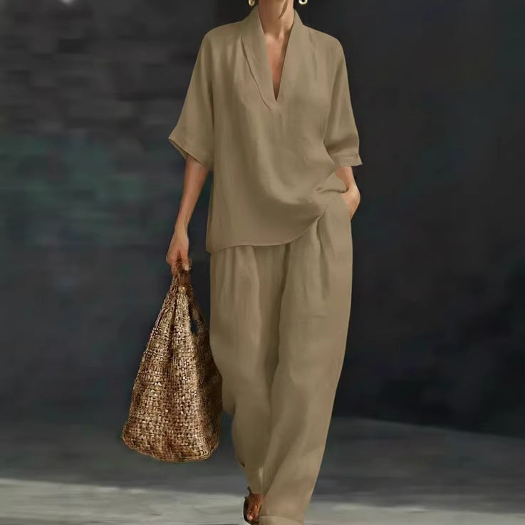 Casual Solid Color Wide Leg Pants Pant Co-ord Set In Polyester With V Neck, 2 Pieces Set