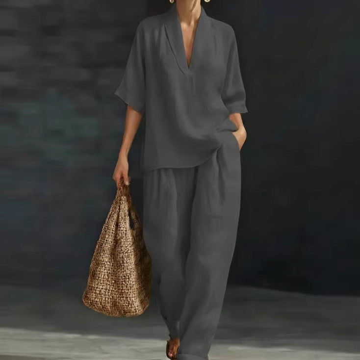 Casual Solid Color Wide Leg Pants Pant Co-ord Set In Polyester With V Neck, 2 Pieces Set