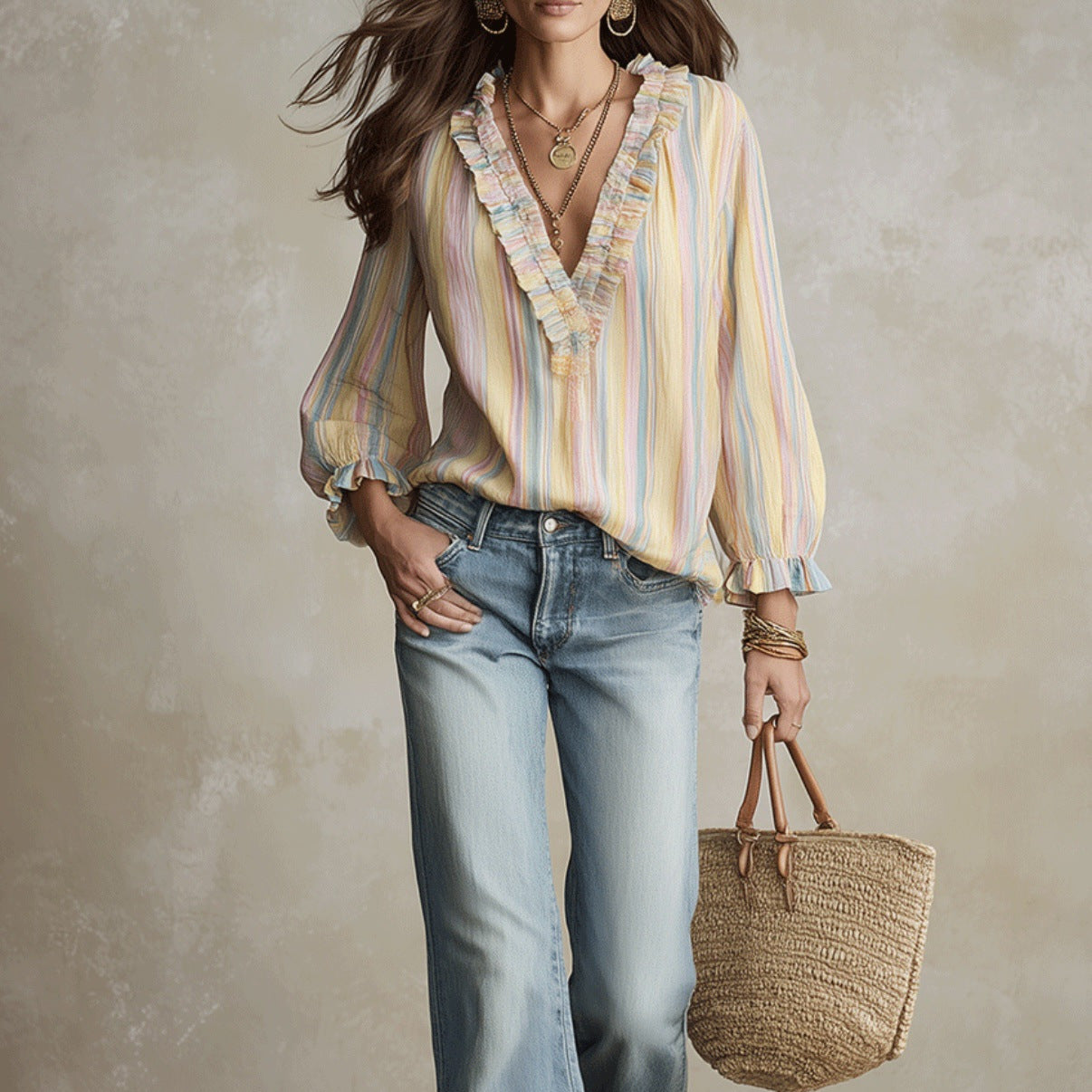 Bohemian Stripe Long Sleeve Polyester Shirt With Ruffles And Pullover Design For Women