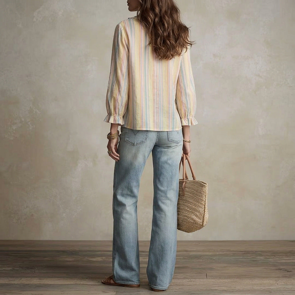 Bohemian Stripe Long Sleeve Polyester Shirt With Ruffles And Pullover Design For Women