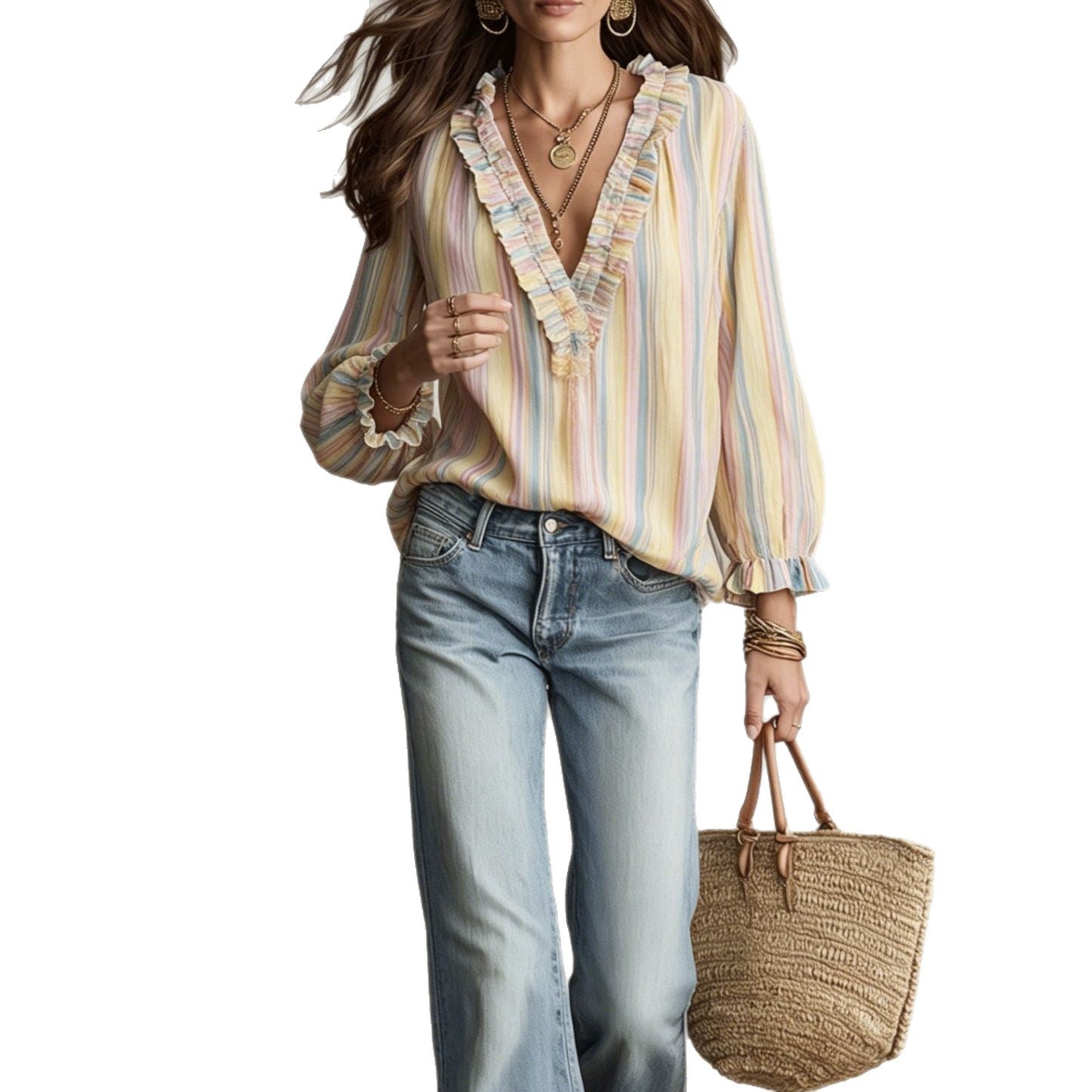 Bohemian Stripe Long Sleeve Polyester Shirt With Ruffles And Pullover Design For Women