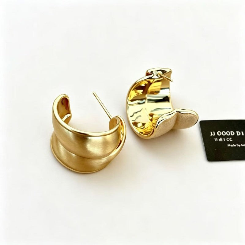 Brushed Metal C Shape Hoop Earrings For Women With Copper Ear Pins