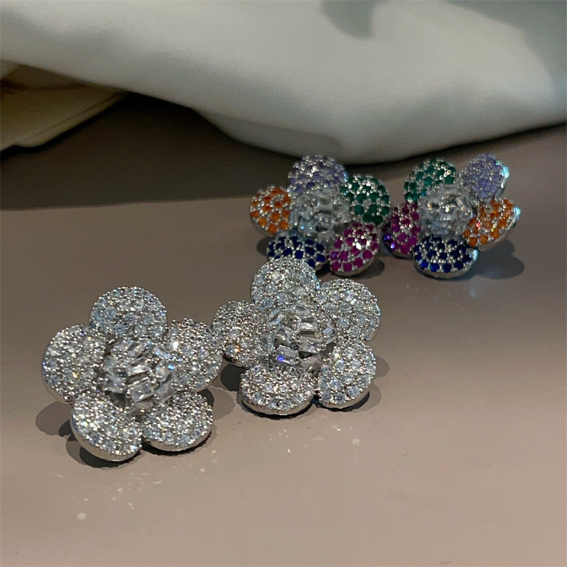 Flowers Earrings For Women With Silver Bezel Setting Featuring Zircon Gem In Copper Ear Pins