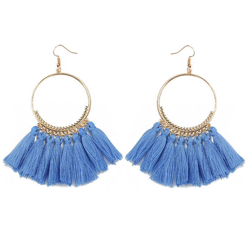 Bohemian Large Tassel Earrings In Lake Blue For Women, Alloy Craft With 304 Stainless Steel Ear Pins