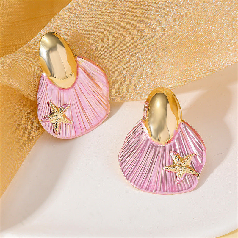 Marine Style Shell Stud Earrings For Women With Electroplated Finish And 304 Stainless Steel Posts